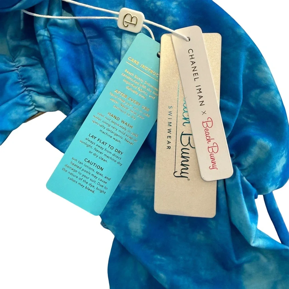 NEW Beach Bunny Bikini Bottoms Size L Blue Double Adjustable Wrap Scrunch Ties